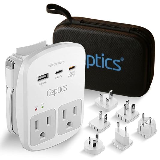 Ceptics World Travel Adapter Kit - 2 USB + 2 US Outlets, Surge Protection, Plug for Europe, UK, China, Australia, Japan - Perfect for Laptop, Cell Phones (Does Not Convert Voltage) (WPS-2B+) 🍁 All In One Marketplace Canada