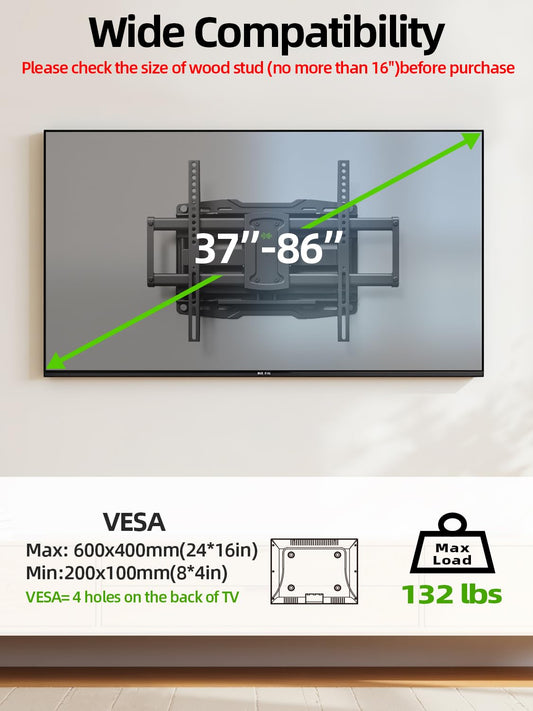 USX Mount UL Listed Full Motion TV Wall Mount for Most 37-86 inch TV, Swivel and Tilt Mount with Dual Articulating Arms Up to 132lbs, VESA 600x400mm, 16" Wood Studs, XML019 🍁 All In One Marketplace Canada