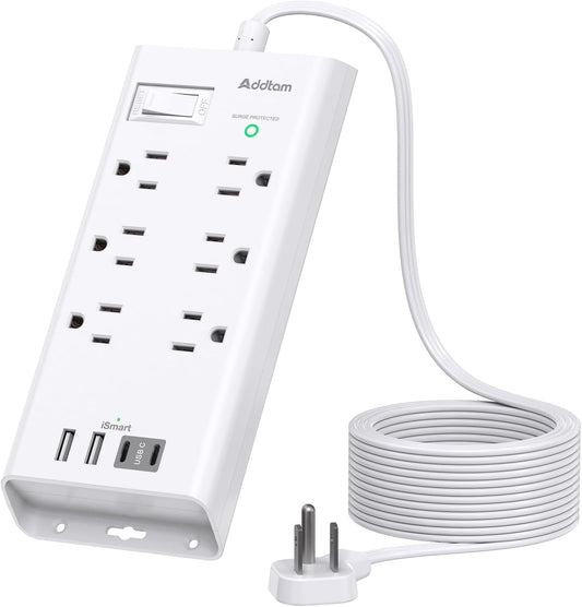 Power Strip Surge Protector - Addtam 10Ft Long Extension Cord with 6 Outlets and 4 USB Ports(2USB C), Flat Plug Overload Surge Protection Outlet Strip, Wall Mount for Home, Office and More 🍁 All In One Marketplace Canada