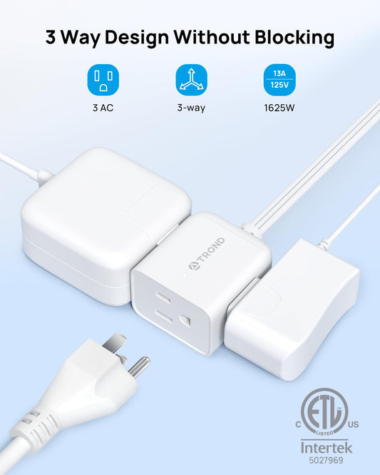 TROND 6ft Flat Extension Cord Indoor, Right Angle Ultra-Thin Plug, 3 Way Multiple Outlets, 13 Amps, 1625W, Small Flexible SPT 16/3 Power Cable Splitter for Home Office Dorm Room Essentials, White 🍁 All In One Marketplace Canada