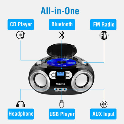 MEGATEK Portable CD Player Boombox with FM Radio, Bluetooth, USB Port, AUX Input, and Headphone Jack – CD-R/CD-RW/MP3-CD Compatible, Clear Stereo Sound, Backlit LCD Display – Black 🍁 All In One Marketplace Canada