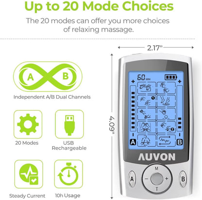 AUVON Dual Channel TENS Unit Muscle Stimulator Machine with 20 Modes, 2" and 2"x4" TENS Unit Electrode Pads 🍁 All In One Marketplace Canada