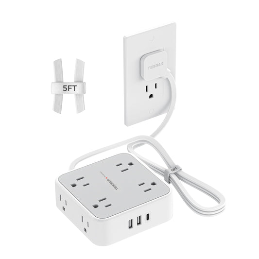 Flat Plug Power Bar, TESSAN 5 Ft Extension Cord Indoor with 8 Multi Outlets and 3 USB (1 USB C), Surge Protector Power Strip, Wall Mount Charging Station for Home Office Dorm, Gray 🍁 All In One Marketplace Canada