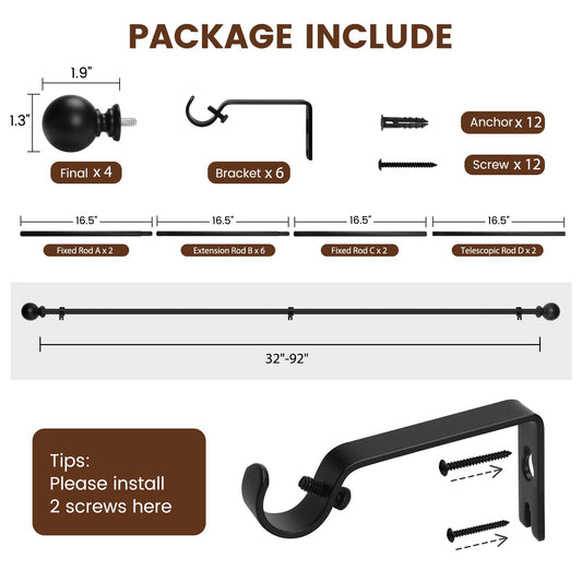 2 Pack Curtain rod for Windows 48 to 84 Inch, 5/8 Inch Small Matte Black Outdoor adjustable Curtain Rods with brackets for Bedroom, Bathroom, Living room, Kitchen, Patio, cafe 🍁 All In One Marketplace Canada