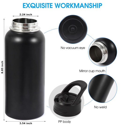 Insulated Water Bottle, 32oz Vacuum Stainless Steel Metal Sports Water Bottles with Stickers, Straw & Spout Lid (2 Lids), Double Walled to Keeps Hot and Cold, Leak Proof, BPA-Free, 32oz (Black) 🍁 All In One Marketplace Canada