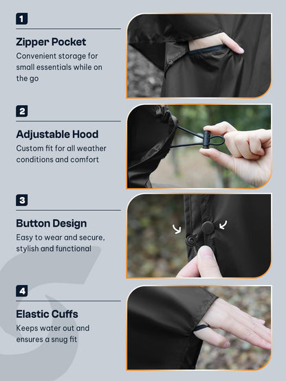 SaphiRose Hooded Rain Ponchos Outdoor Waterproof Raincoat Jacket for Adults with Zipper (Black) 🍁 All In One Marketplace Canada