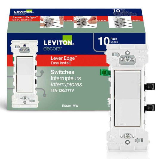 Leviton 10-Pack Lever Edge 15 Amp Single Pole Decora Switch, E5601-0MW, White 🍁 All In One Marketplace Canada