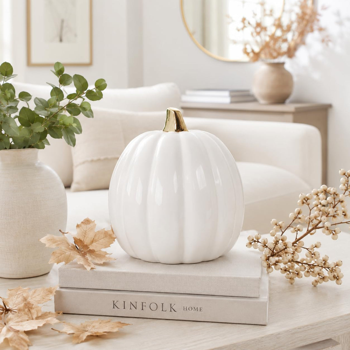 Pearhead White Ceramic Pumpkin, Home Fall Décor, Modern Holiday Home Decor, Trendy Halloween Decorations, White, Small
