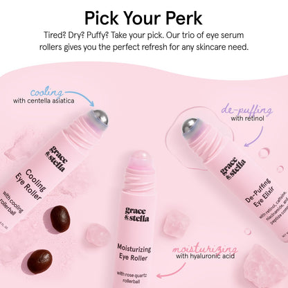 grace & stella Eye Serum Roller with Rose Quartz Rollerball - Hyaluronic Acid & Caffeine Under Eye Cream for Dark Circles & Puffiness - Airplane Travel Essentials - Vegan Skincare (15ml / 0.51floz) 🍁 All In One Marketplace Canada