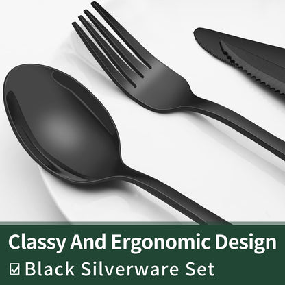 24-Piece Black Silverware Set with Steak Knives, Black Flatware Set for 4, Food-Grade Stainless Steel Tableware Cutlery Set, Mirror Finished Utensil Sets for Home Restaurant 🍁 All In One Marketplace Canada