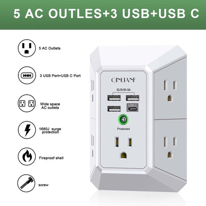 Wall Charger, Surge Protector, QINLIANF 5 Outlet Extender with 4 USB Charging Ports (4.8A Total) 3-Sided 1680J Power Strip Multi Plug Adapter Spaced for Home Travel Office (3U1C) 🍁 All In One Marketplace Canada