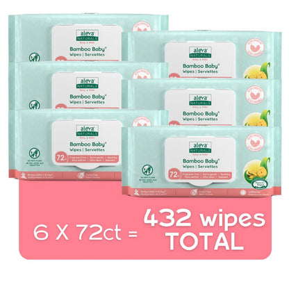 Aleva Naturals Bamboo Baby Sensitive Wipes- Natural and Organic Formula, Hypoallergenic, Biodegradable, Extra Strong and Ultra-Soft, Perfume Free Diaper Wipes - New Eco-Friendly, Sustainable Packaging- 72 Count X 6= 432 Wipes Total