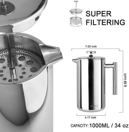 Secura French Press Coffee Maker, 304 Grade Stainless Steel Insulated Coffee Press with 2 Extra Screens, 34oz (1 Litre), Silver 🍁 All In One Marketplace Canada