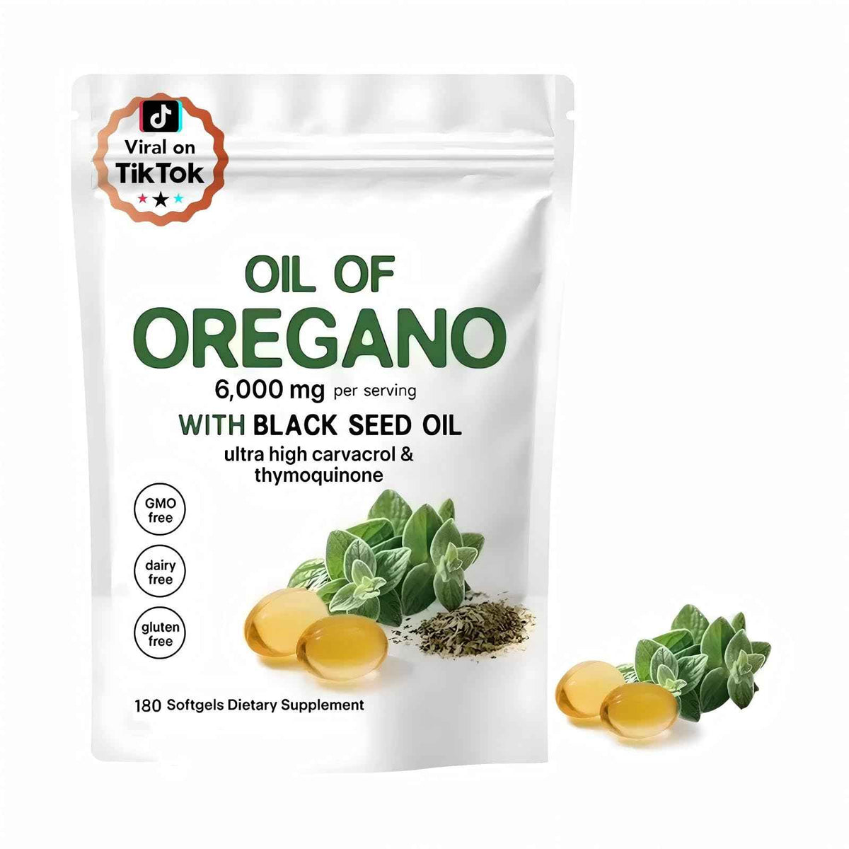Oil of Oregano Softgels 6000mg Per Serving, 2 in 1 Formulated with Black Seed Oil 200mg, 4X Strength Carvacrol & Thymoquinone | Plant Based, Non-GMO & Immune Support (180 Count/1 Bag) 🍁 All In One Marketplace Canada