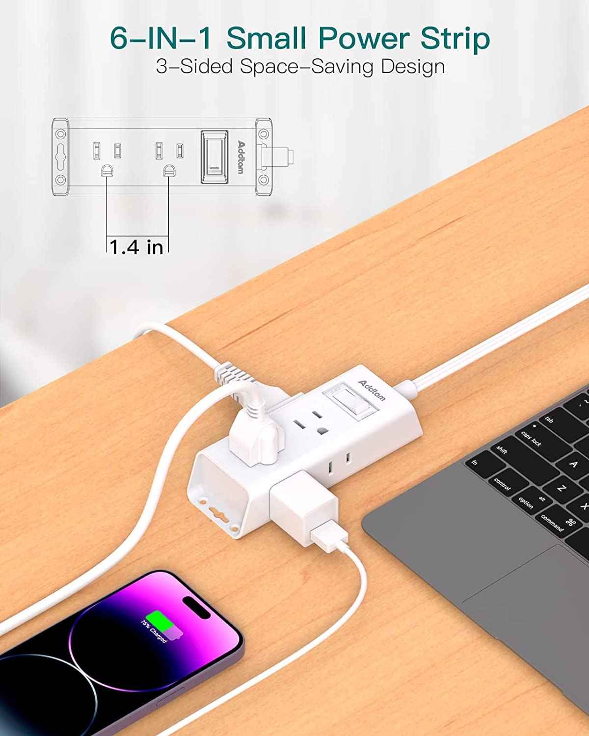 Travel Essentials - Flat Plug Power Bar, Addtam 5 ft Ultra Flat Extension Cord with 6 Outlets Extender, Multi Plug Outlet with No Surge Protector for Cruise Ship, Dorm Room, Home and Office Essentials 🍁 All In One Marketplace Canada