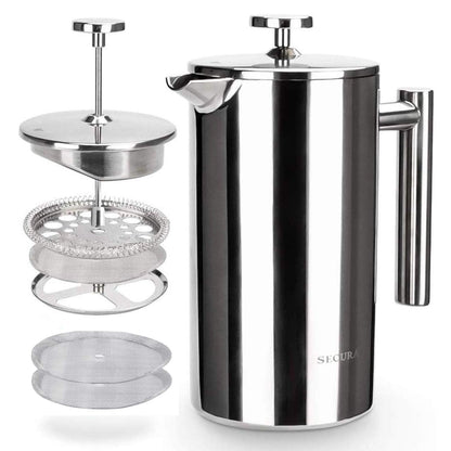 Secura French Press Coffee Maker, 304 Grade Stainless Steel Insulated Coffee Press with 2 Extra Screens, 34oz (1 Litre), Silver 🍁 All In One Marketplace Canada