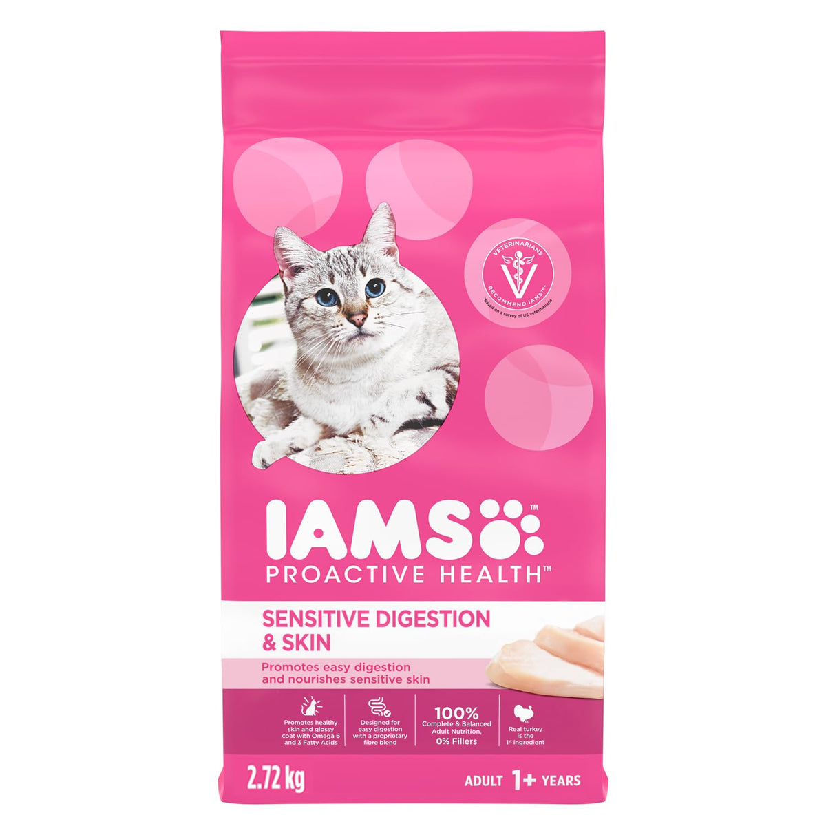 IAMS Proactive Health Sensitive Digestion & Skin Adult Dry Cat Food – Turkey – 2.72KG (5.9LB) Bag 🍁 All In One Marketplace Canada