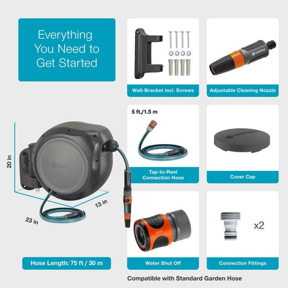 GARDENA 20502-80, Retractable Garden Hose Reel 75' x 1/2" Hose, Wall Mounted, Automatic Retraction & Length Lock for Easy Watering. Heavy Duty Swivel Bracket 180°, Includes Nozzle. Made in Europe 🍁 All In One Marketplace Canada