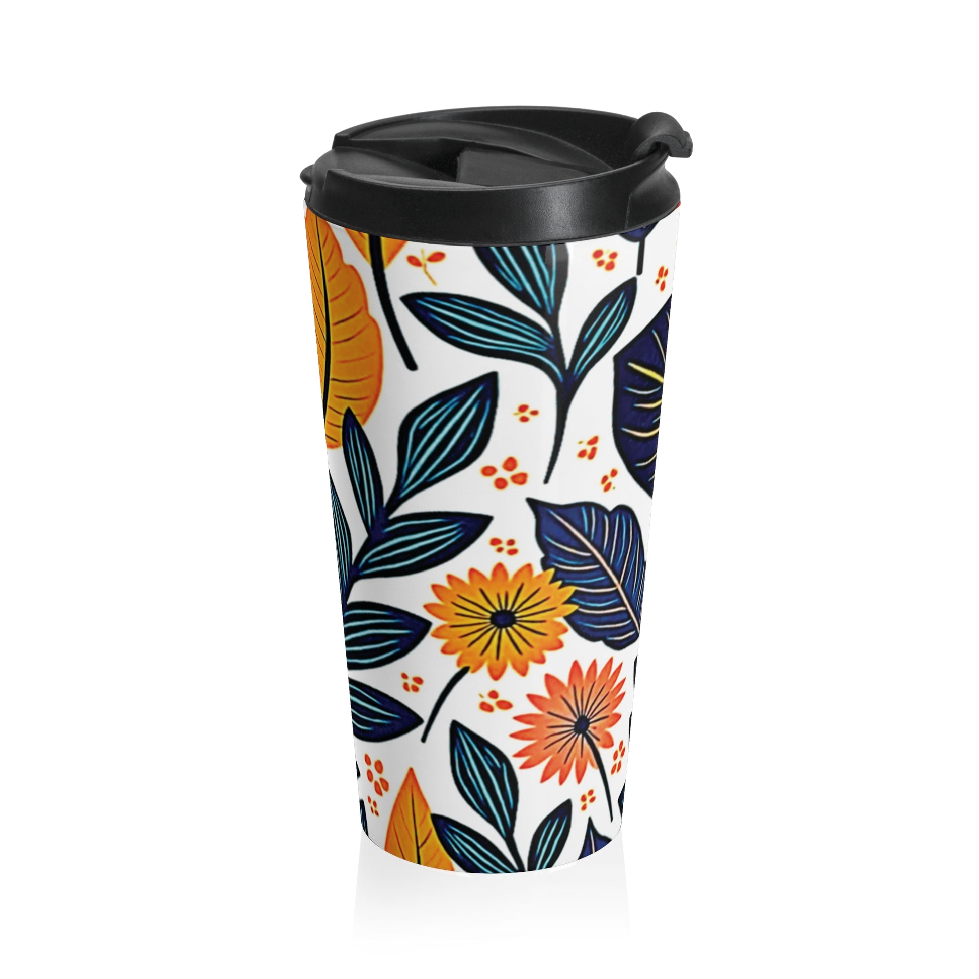 Autumn Foliage Floral Travel Mug | Orange Blue Leaf Pattern - AURABAGS SHOP
