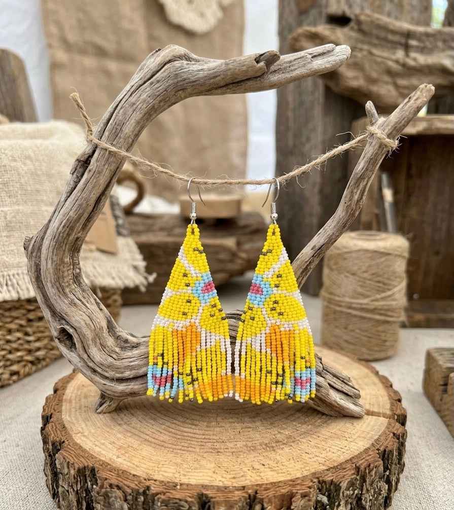 Flower Fringe Beaded Earrings (Yellow)