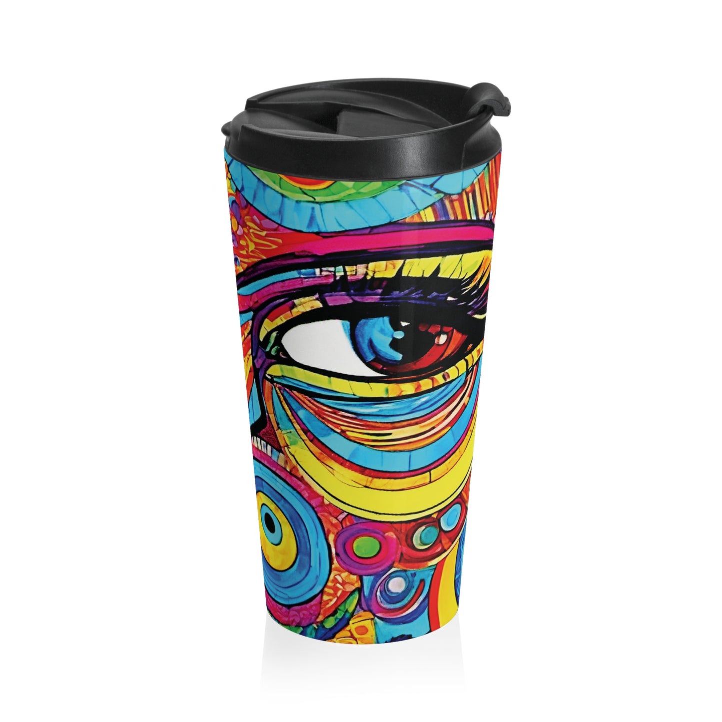 Colorful Abstract Face Travel Mug — Vibrant Psychedelic Stainless Steel Tumbler