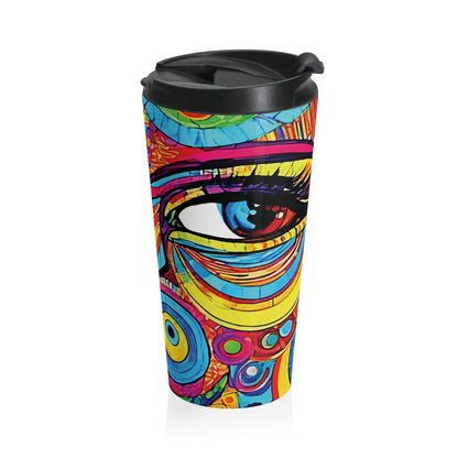 Colorful Abstract Face Travel Mug — Vibrant Psychedelic Stainless Steel Tumbler