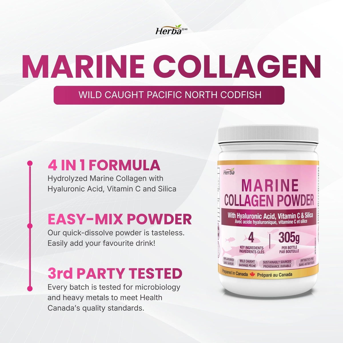 Herba Marine Collagen Powder for Women & Men with Hyaluronic Acid, Vitamin C, and Silica – 305g | Made in Canada | Wild Caught | Hydrolyzed Collagen Peptides | Antibiotics Free | Sustainably Sourced 🍁 All In One Marketplace Canada