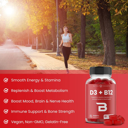 Vitamin D3 1000 IU + B12 1000mcg Per Serving | Chewable Vitamins B & D Gummies for Adults, Kids, Women & Men | Enhanced With Folate for Energy & Immunity | 120 Gummies 🍁 All In One Marketplace Canada