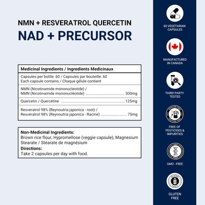 NMN w/Quercetin & Resveratrol For Enhanced NAD+ Levels - More Effective Than NMN Alone, High Purity 99% Nicotinamide Mononucleotide & Resveratrol For Cellular Health, NAD Supplement, 60 Capsules 🍁 All In One Marketplace Canada