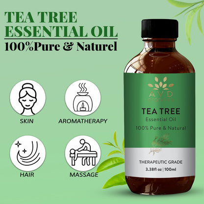 AVD Organics Tea Tree Oil | 100% Pure and Natural Tea Tree Essential Oil for skin | for Nail Fungus Face Aromatherapy Home Diffusers Carrier | 3.38 fl. Oz 🍁 All In One Marketplace Canada