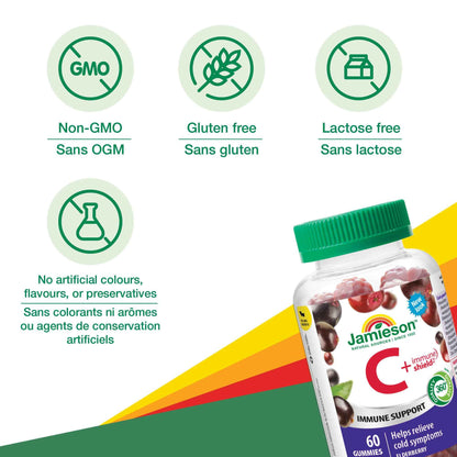 Jamieson Vitamin C + Immune Shield, 60 Gummies, Natural Elderberry Flavour. With Elderberry and Zinc. Supports Immune Health, Relieves Early Cold Symptoms, Family Friendly (3+) 🍁 All In One Marketplace Canada