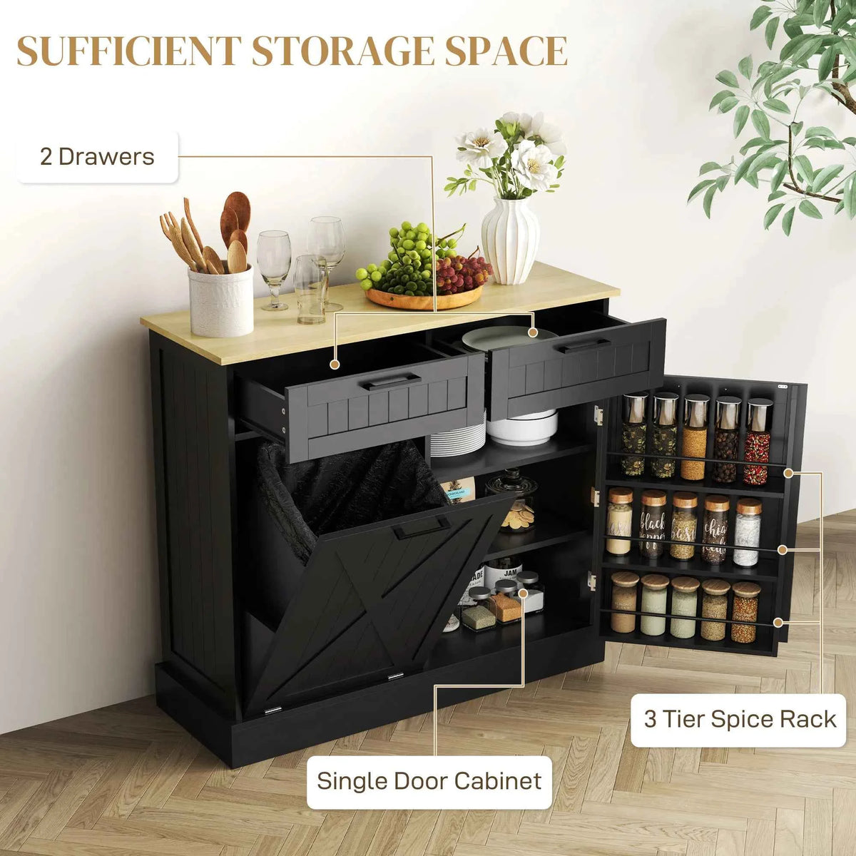 10-Gallon Tilt-Out Trash Cabinet – Hidden Garbage Bin Storage with 2 Drawers (United States & Canada Delivery Only)