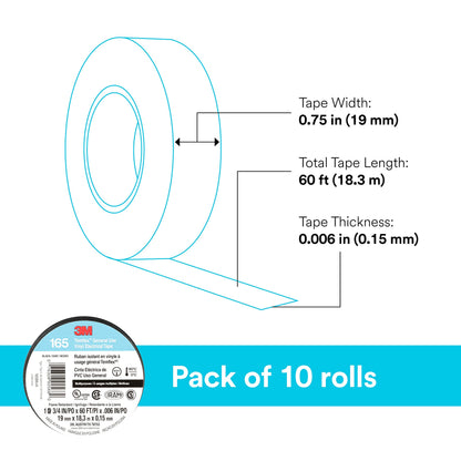 3M Temflex 165, Vinyl Colour Coding Electrical Tape, Black, 3/4in x 60ft, 10 Rolls 🍁 All In One Marketplace Canada
