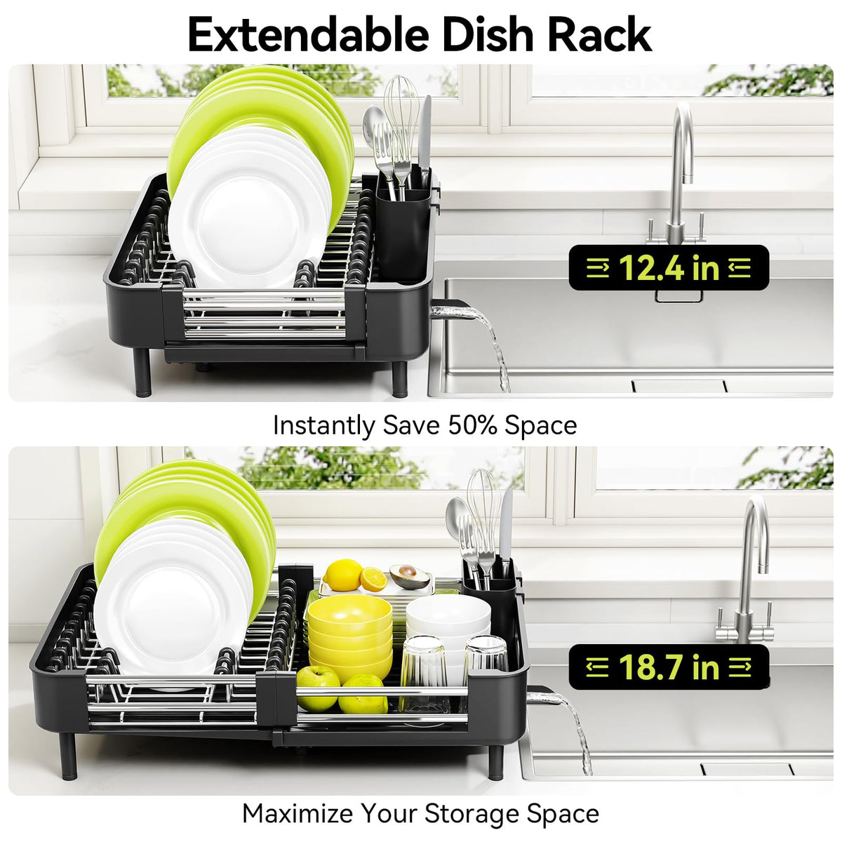 Urackify Extendable Dish Drying Rack, Dual Part Dish Drainers with Non-Scratch and Movable Cutlery Drainer and Drainage Spout, Adjustable Dish Rack for Kitchen,Black 🍁 All In One Marketplace Canada