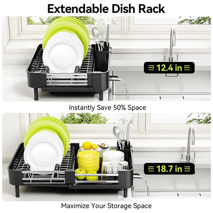 Urackify Extendable Dish Drying Rack, Dual Part Dish Drainers with Non-Scratch and Movable Cutlery Drainer and Drainage Spout, Adjustable Dish Rack for Kitchen,Black 🍁 All In One Marketplace Canada