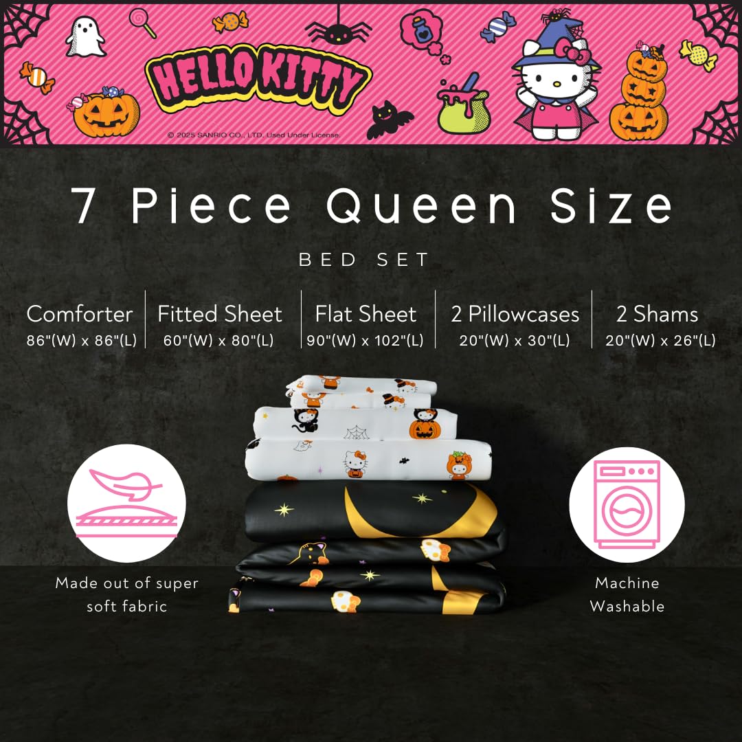 Sanrio Hello Kitty Halloween Pumpkin Queen Bed Set – Super Soft & Cozy 5 Piece Reversible Comforter and Sheet Set (Officially Licensed Product) by Franco