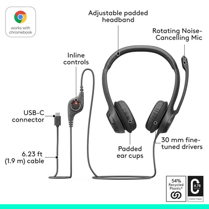 Logitech H391 Wired Headset for PC/Laptop, Stereo Headphones with Noise Canceling Microphone, USB-C, in-Line Controls, Works with Chromebook - Graphite 🍁 All In One Marketplace Canada
