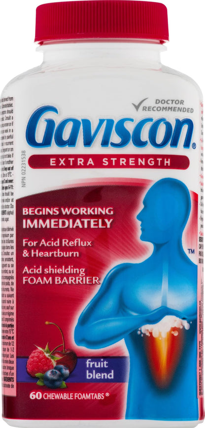 Gaviscon Extra Strength Tablets - 60 Count - Chewable Foaming Antacid Tablets for Day and Night Heartburn Relief, Acid Reflux and GERD Relief, Fruit Blend - Free of Aluminum, Lactose and Gluten 🍁 All In One Marketplace Canada