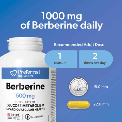 Preferred Nutrition Berberine MAXIMUM POTENCY 1000 mg per Serving (2 caps, 500 mg each), 120 Vegetarian Capsules = 60 Day Supply, Berberine Supplements, Canadian Company 🍁 All In One Marketplace Canada