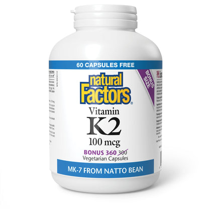 Natural Factors K2 Vitamin Supplement 100 mcg, VALUE SIZE, 360 Vegetarian Capsules, MK-7 from Natto Bean, Helps Support Bones, Vegan, Non-GMO, Proudly Canadian 🍁 All In One Marketplace Canada