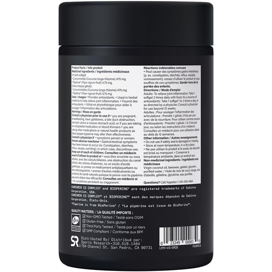 Sports Research® Turmeric Curcumin C3® Complex 500mg, Enhanced with Black Pepper & Organic Coconut Oil for Better Absorption; Non-GMO, Gluten Free & Third-Party Tested - 120 Liquid Softgels 🍁 All In One Marketplace Canada