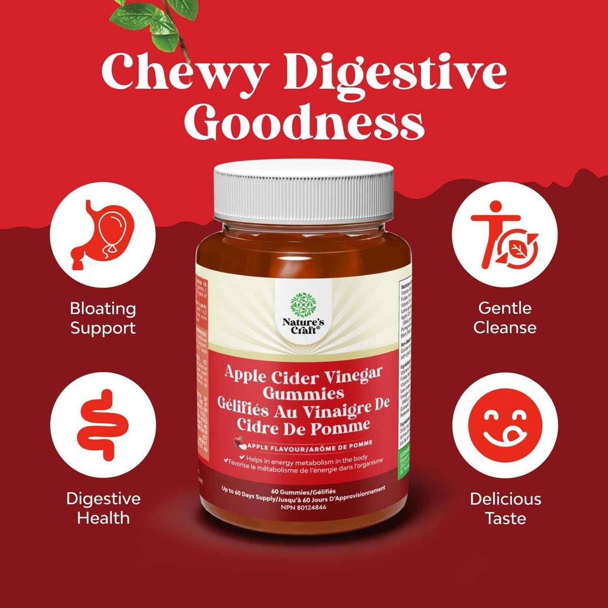 Apple Cider Vinegar Gummies with Mother - Supports Appetite Control - ACV Gummies for Detox & Cleanse - Gut Health & Bloating - Metabolism & Energy Support - ACV with Mother - B12 & B6 Vitamin - 60 Ct 🍁 All In One Marketplace Canada