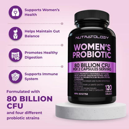 Nutratology® Probiotics for Women | Canadian-Made | 40 Billion CFUs Per Capsule | 80 Billion CFUs Per Serving - Bloating Relief & Digestion - 4 Strains of Women's Probiotic for Gut Health -120 Count 🍁 All In One Marketplace Canada