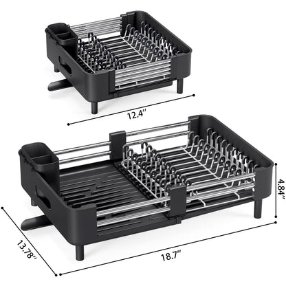 Urackify Extendable Dish Drying Rack, Dual Part Dish Drainers with Non-Scratch and Movable Cutlery Drainer and Drainage Spout, Adjustable Dish Rack for Kitchen,Black 🍁 All In One Marketplace Canada