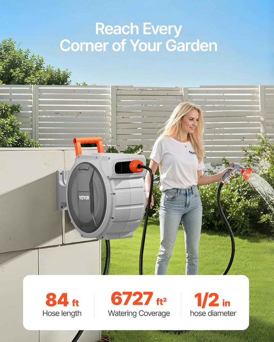 VEVOR Retractable Garden Hose Reel, 1/2 Inch x 84 ft Wall Mounted Hose Reel, Heavy Duty Garden Hose Reel with 9 Patterns Nozzle, Any Length Lock, Upgraded Slow Return System and 180°Swivel Bracket 🍁 All In One Marketplace Canada