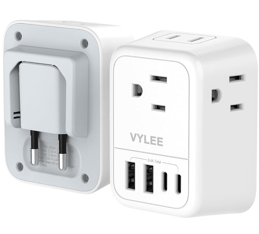 VYLEE Travel Plug Adapter, International Plug Adapter with 4 AC Outlets 4 USB Ports(2 USB C), Travel Adapter Type C Travel Essentials for US to Most Europe France Germany Italy Spain [1 Pack] 🍁 All In One Marketplace Canada