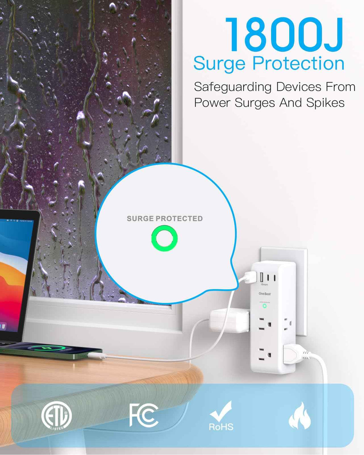 Surge Protector Outlet Extender - with Rotating Plug, 6 AC Multi Plug Outlet with 4 USB Ports (2 USB C), 1800 Joules, 3-Sided Swivel Power Bar with Spaced Splitter for Home, Office, Travel 🍁 All In One Marketplace Canada