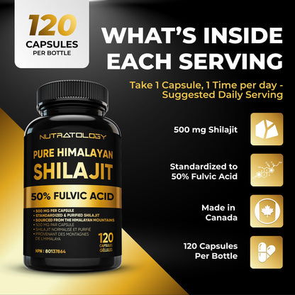 Nutratology® Pure Shilajit Capsules | 50% Fulvic Acid | High Potency & Purity - Sourced from the Himalayan Mountains - Shilajit for Men & Women - 120 Count 🍁 All In One Marketplace Canada