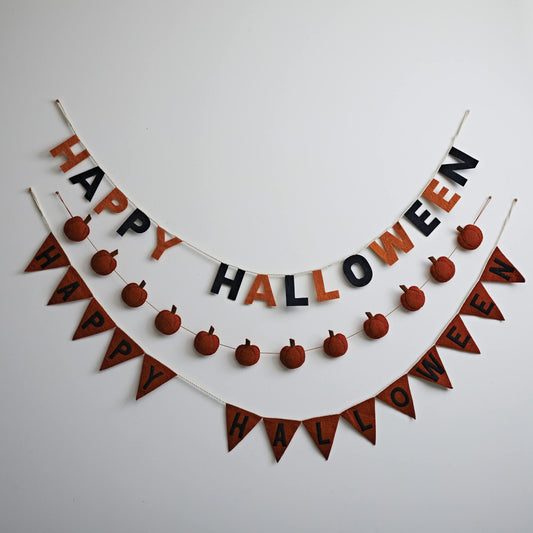 Creative Co-Op 72"L Handmade Wool Felt Pennant Banner "Happy Halloween", Orange Color & Black