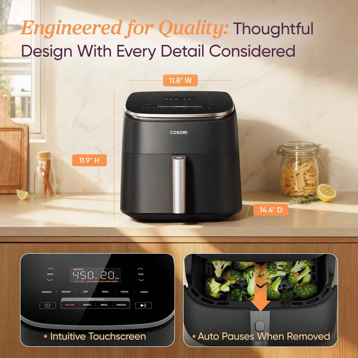 Cosori Air Fryer 6QT 9-in-1 TurboBlaze, 90°– 450°F, Precise Heating for Even Results, Air Fry, Roast, Bake, Broil, Dry, Frozen, Proof, Reheat, Keep Warm, 130+ Recipes, Dishwasher Safe, Dark Gray 🍁 All In One Marketplace Canada